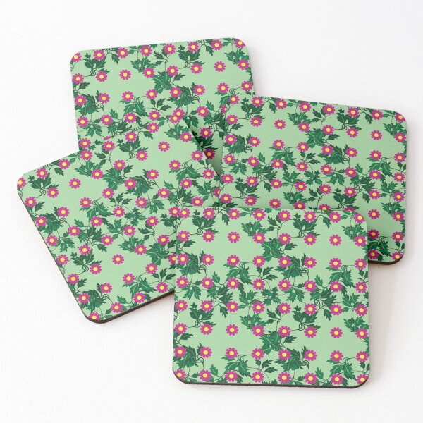 Item preview, Cerise daisies with Yellow centres over layers of vine leaves on a Spearmint Green background designed and sold by sleepingdogprod.