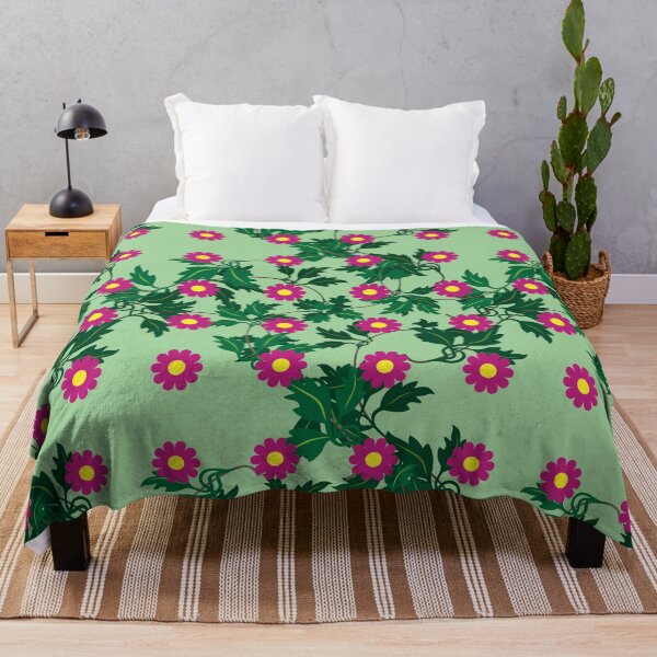 Item preview, Cerise daisies with Yellow centres over layers of vine leaves on a Spearmint Green background designed and sold by sleepingdogprod.
