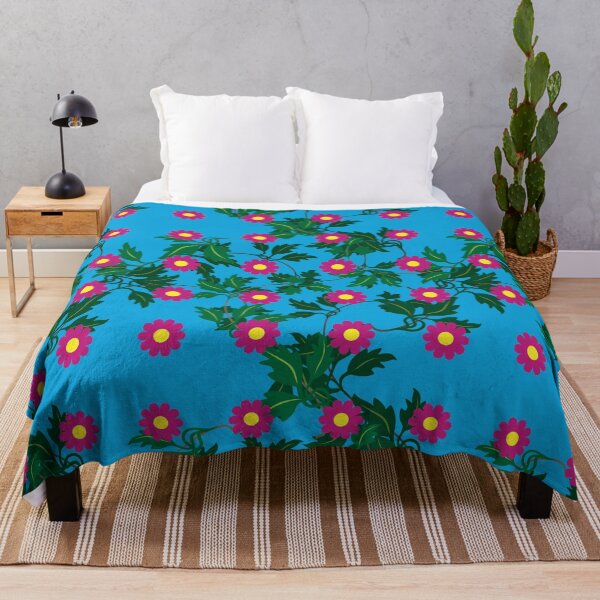 Item preview, Cerise daisies with Yellow centres over layers of vine leaves on a Vibrant Blue background designed and sold by sleepingdogprod.