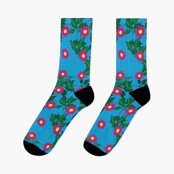 Item preview, Cerise daisies with Yellow centres over layers of vine leaves on a Vibrant Blue background designed and sold by sleepingdogprod.