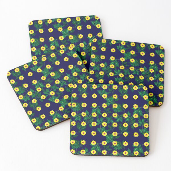 Item preview, Yellow daisies with Cerise centres over layers of vine leaves on a Navy Blue background designed and sold by sleepingdogprod.