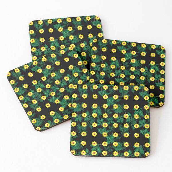 Item preview, Yellow daisies with Cerise centres over layers of vine leaves on a Black background designed and sold by sleepingdogprod.