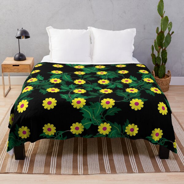 Item preview, Yellow daisies with Cerise centres over layers of vine leaves on a Black background designed and sold by sleepingdogprod.