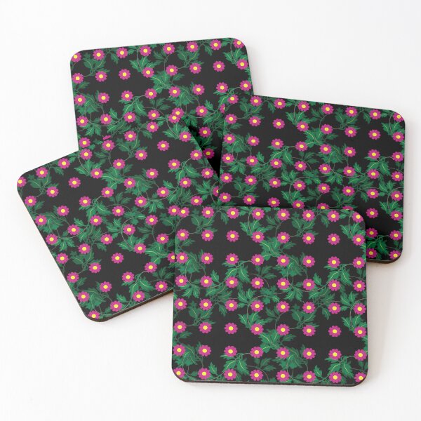 Item preview, Cerise daisies with Yellow centres over layers of vine leaves on a Black background designed and sold by sleepingdogprod.