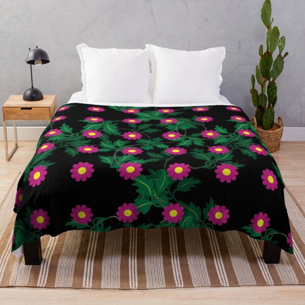 Item preview, Cerise daisies with Yellow centres over layers of vine leaves on a Black background designed and sold by sleepingdogprod.