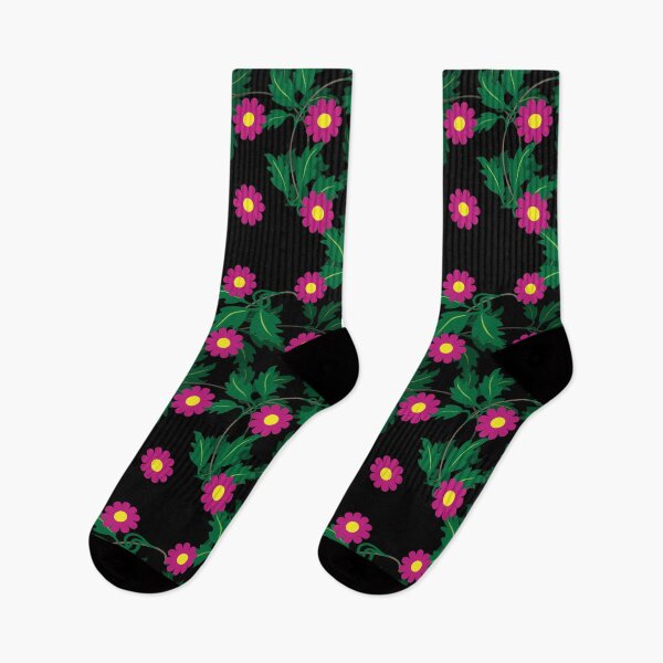 Item preview, Cerise daisies with Yellow centres over layers of vine leaves on a Black background designed and sold by sleepingdogprod.