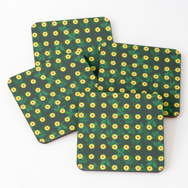 Item preview, Yellow daisies with Cerise centres over layers of vine leaves on a Dark Green background designed and sold by sleepingdogprod.