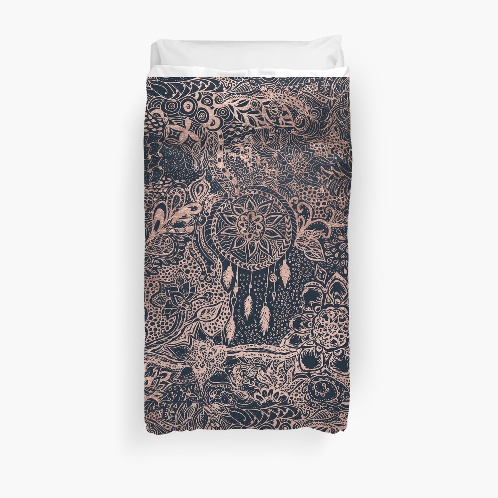 Boho Rose Gold Dreamcatcher Floral Navy Blue Duvet Cover By