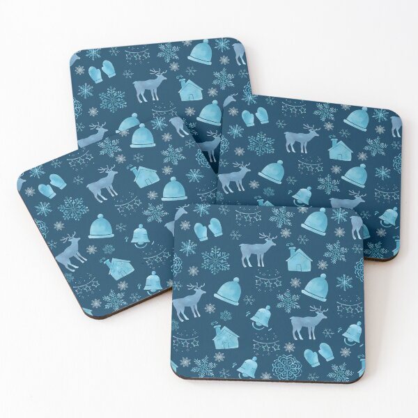 Item preview, Sweet Christmas from the North Pole, Beautiful Christmas illustration in ice blue tones with beautiful silhouettes of reindeer, houses with chimneys, snowflakes, beanies and gloves for winter. designed and sold by Malogue.