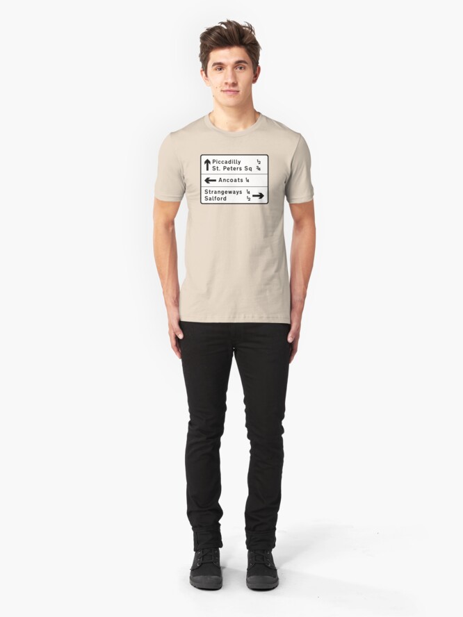 Alternate view of Manchester street sign, roads to Ancoats, Piccadilly, etc. Slim Fit T-Shirt