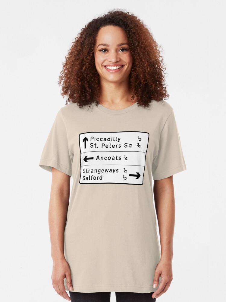 Alternate view of Manchester street sign, roads to Ancoats, Piccadilly, etc. Slim Fit T-Shirt
