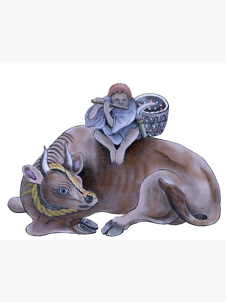 "Boy Playing a Flute and Riding a Water Buffalo" Photographic Print for