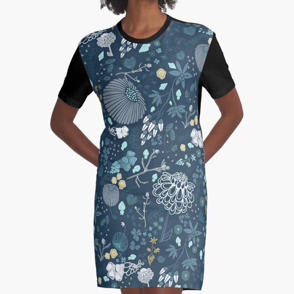 Field of Flowers in Blue and White Graphic T-Shirt Dress
