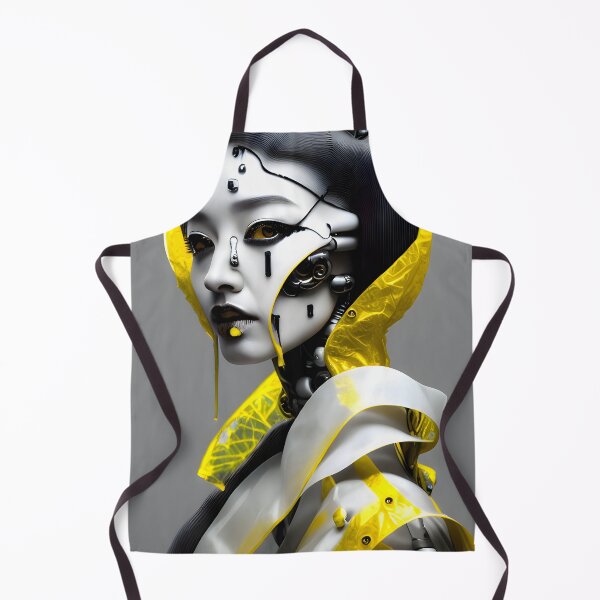 Aperçu de l'œuvre Geisha japonaise Cyborg avec des détails de peinture jaune art numérique cyberpunk moderne créée et vendue par ai-mnesia.