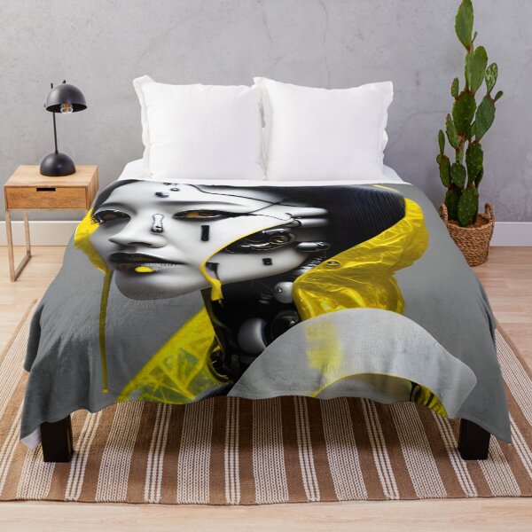 Aperçu de l'œuvre Geisha japonaise Cyborg avec des détails de peinture jaune art numérique cyberpunk moderne créée et vendue par ai-mnesia.