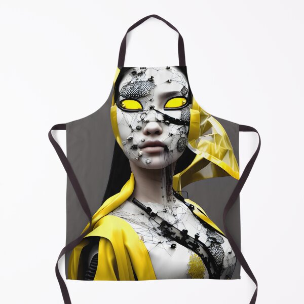 Aperçu de l'œuvre Geisha japonaise Cyborg avec des détails de peinture jaune art numérique cyberpunk moderne créée et vendue par ai-mnesia.