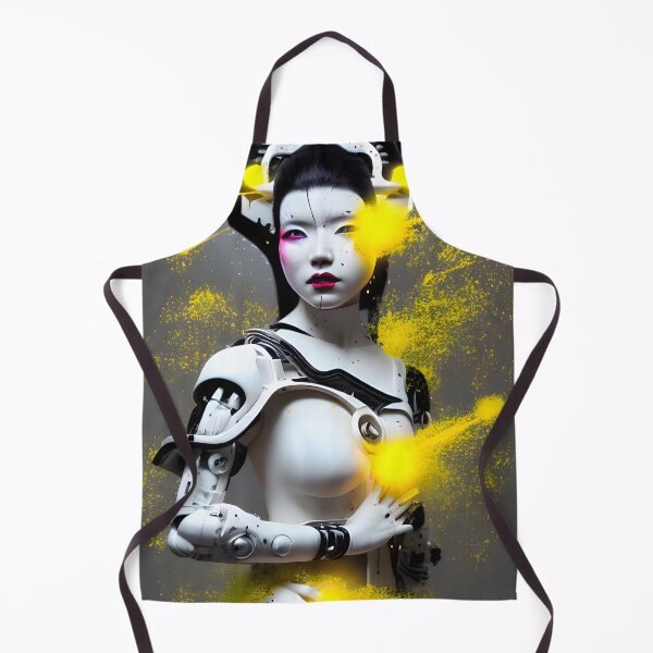 Aperçu de l'œuvre Geisha japonaise Cyborg avec des détails de peinture jaune art numérique cyberpunk moderne créée et vendue par ai-mnesia.
