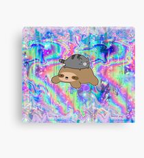 Blue Tabby Cat and Sloth Rainbow Holographic Canvas Print