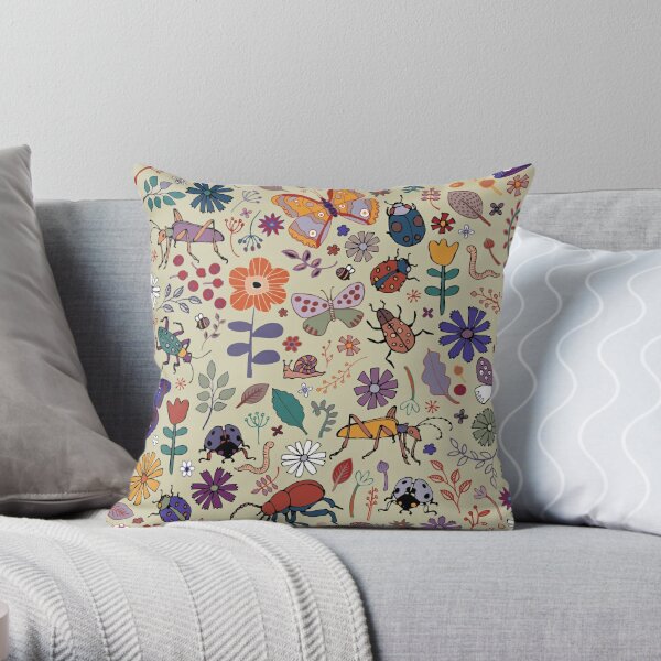 Butterflies, Beetles and blooms - taupe - pretty floral pattern by Cecca Designs Throw Pillow