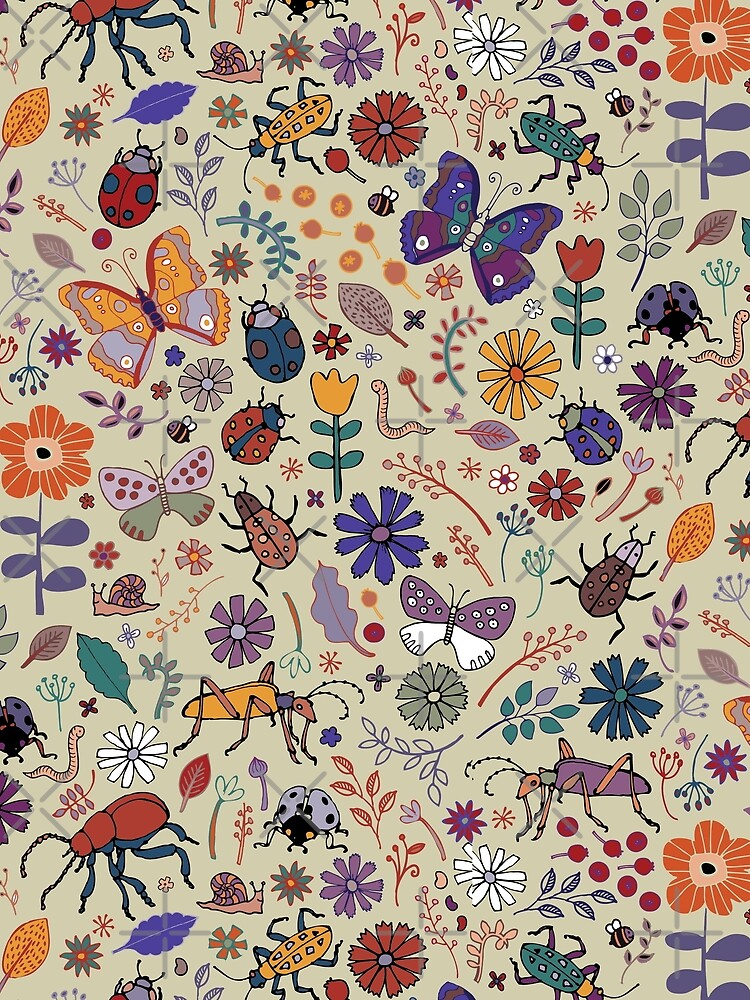 Butterflies, Beetles and blooms - taupe - pretty floral pattern by Cecca Designs by Cecca-Designs