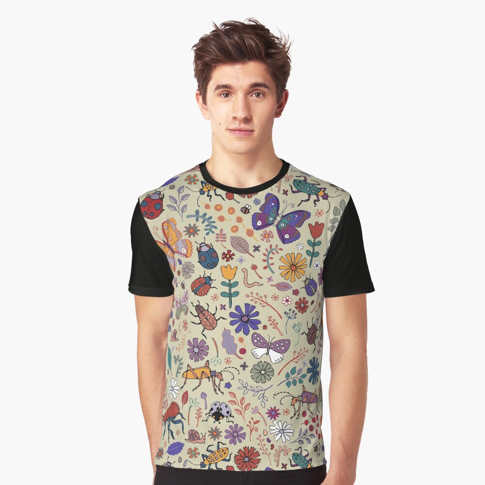 Butterflies, Beetles and blooms - taupe - pretty floral pattern by Cecca Designs Graphic T-Shirt