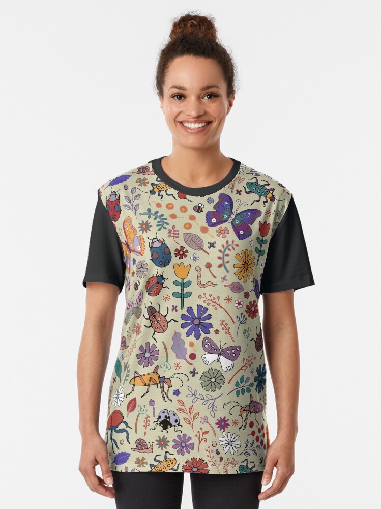 Alternate view of Butterflies, Beetles and blooms - taupe - pretty floral pattern by Cecca Designs Graphic T-Shirt