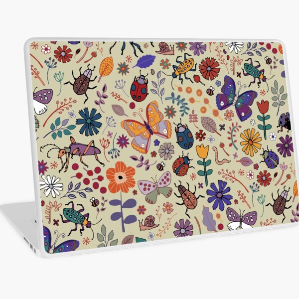 Butterflies, Beetles and blooms - taupe - pretty floral pattern by Cecca Designs Laptop Skin