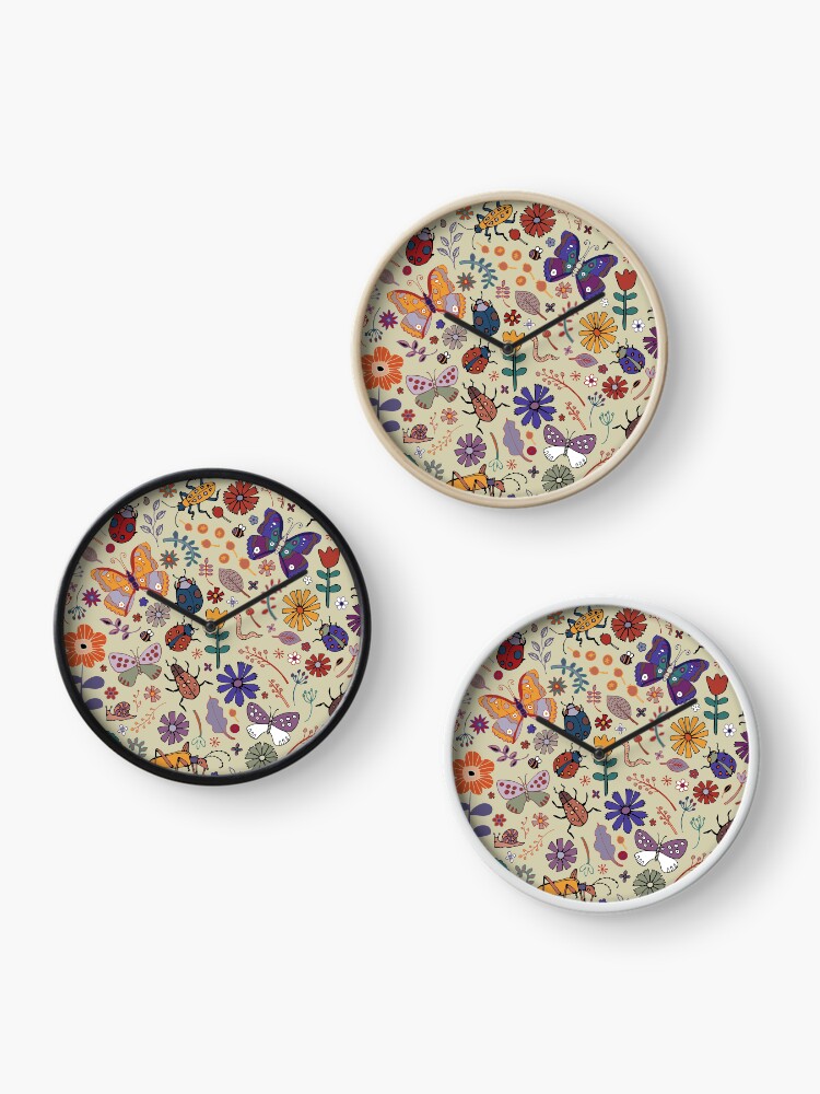 Thumbnail 3 of 4, Clock, Butterflies, Beetles and blooms - taupe - pretty floral pattern by Cecca Designs designed and sold by Cecca-Designs.