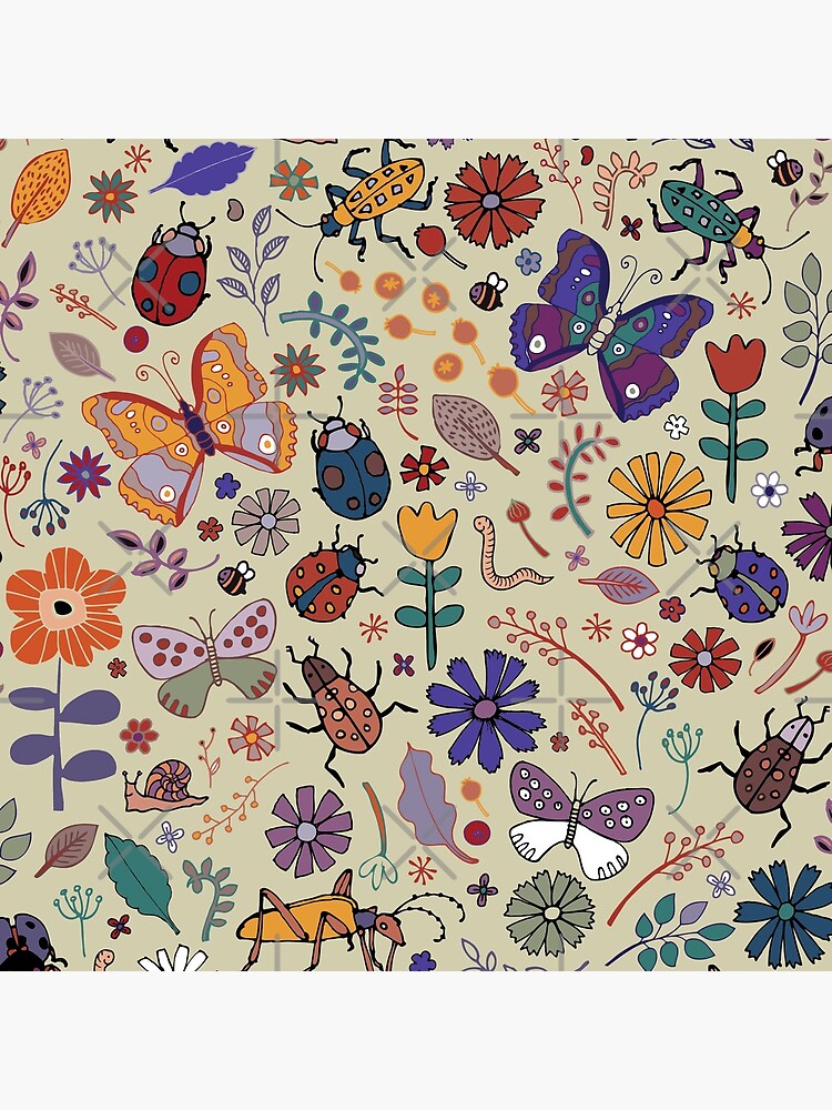 Thumbnail 4 of 4, Clock, Butterflies, Beetles and blooms - taupe - pretty floral pattern by Cecca Designs designed and sold by Cecca-Designs.