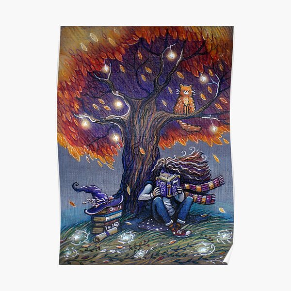 Young witch reading magic book Poster