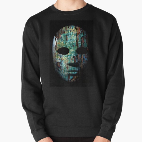 Textured mask with cracked rough wood painted surface, neutral expression on dark background. Pullover Sweatshirt
