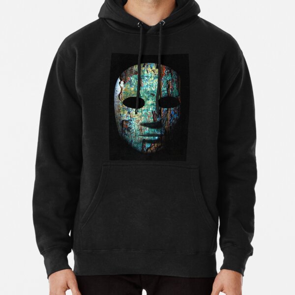 Textured mask with cracked rough wood painted surface, neutral expression on dark background. Pullover Hoodie