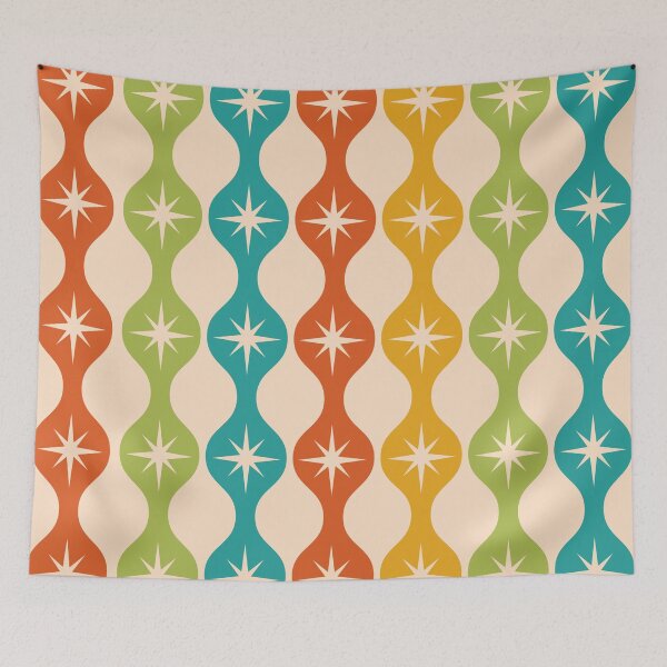 Item preview, Mid Century retro starbursts on ogee pattern in red, green and teal  designed and sold by Yasminepatterns .