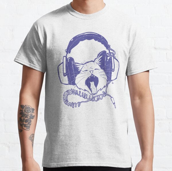 Cat Rocking Headphones - blue line art version Classic T-Shirt