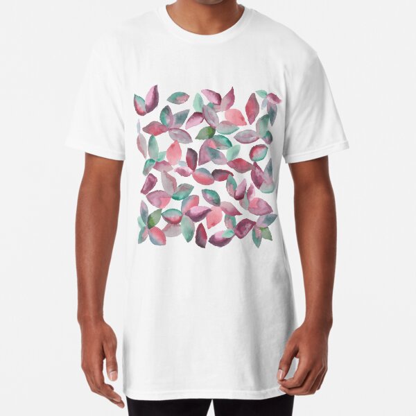 Watercolor Leaves Hand-Painted Red Green Botanical Pattern Long T-Shirt