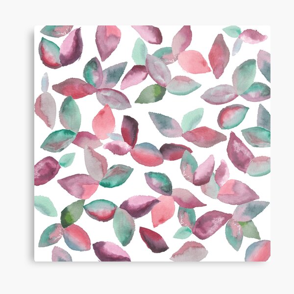 Watercolor Leaves Hand-Painted Red Green Botanical Pattern Metal Print