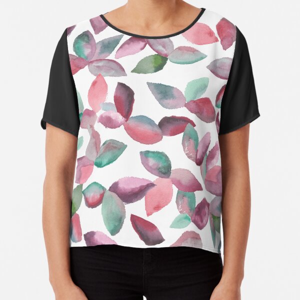 Watercolor Leaves Hand-Painted Red Green Botanical Pattern Chiffon Top