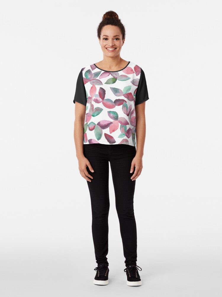Alternate view of Watercolor Leaves Hand-Painted Red Green Botanical Pattern Chiffon Top