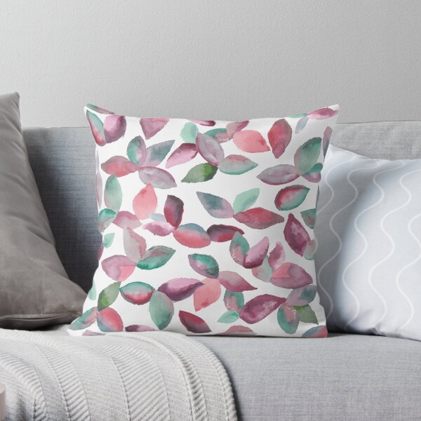 Watercolor Leaves Hand-Painted Red Green Botanical Pattern Throw Pillow