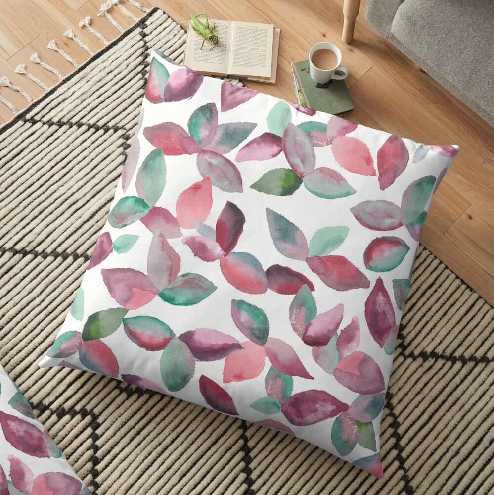 Watercolor Leaves Hand-Painted Red Green Botanical Pattern Floor Pillow