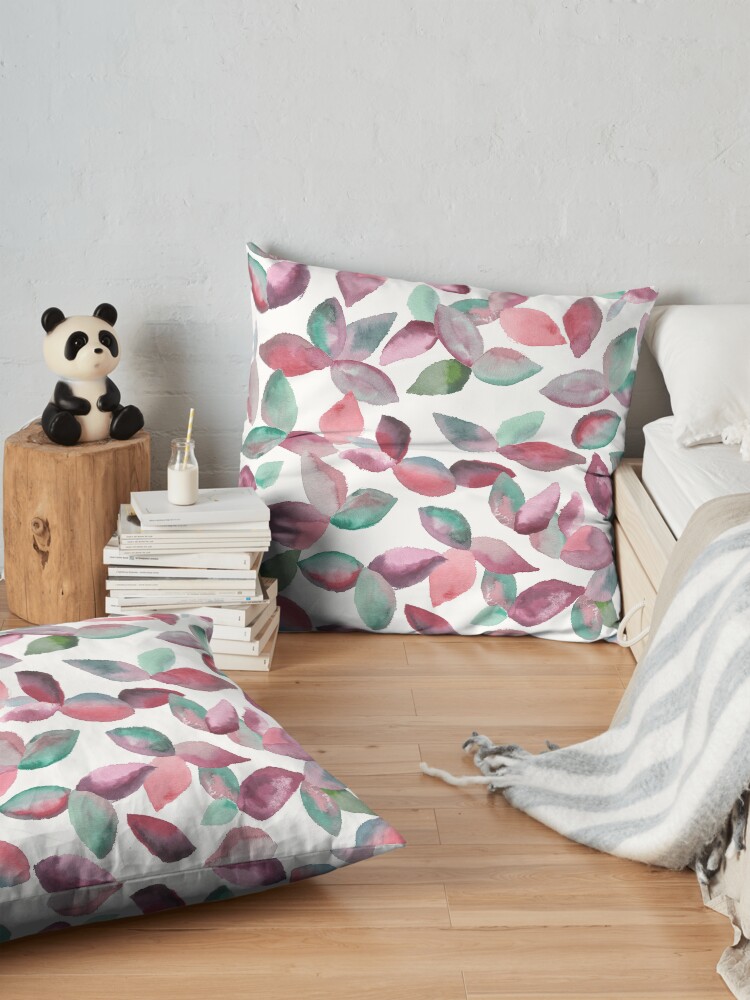 Alternate view of Watercolor Leaves Hand-Painted Red Green Botanical Pattern Floor Pillow