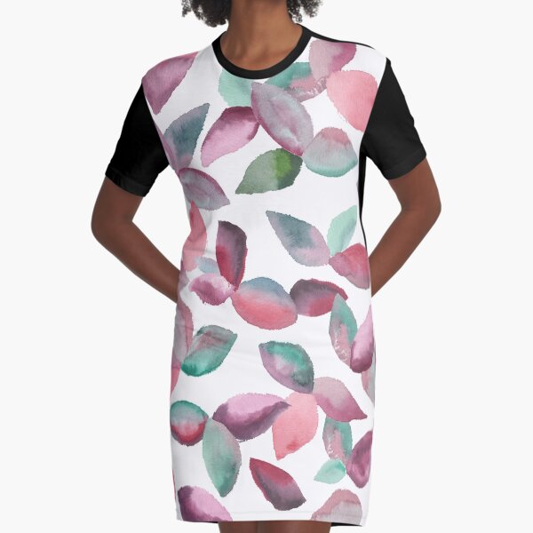 Watercolor Leaves Hand-Painted Red Green Botanical Pattern Graphic T-Shirt Dress