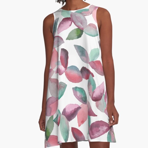 Watercolor Leaves Hand-Painted Red Green Botanical Pattern A-Line Dress