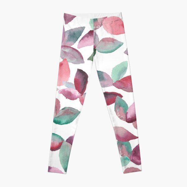 Watercolor Leaves Hand-Painted Red Green Botanical Pattern Leggings