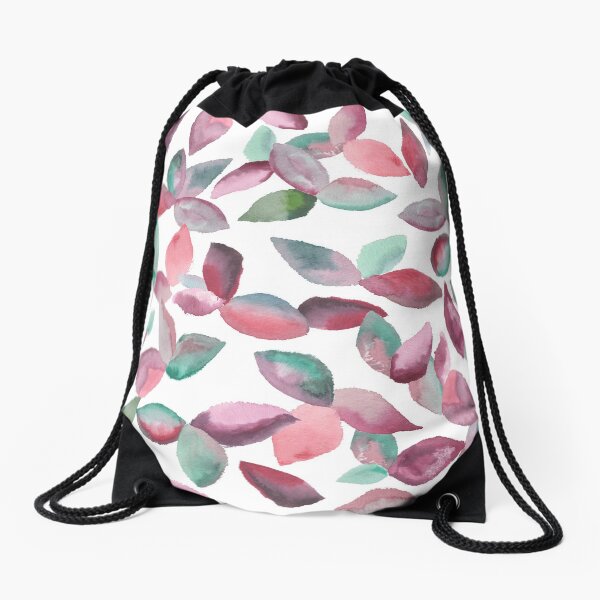 Watercolor Leaves Hand-Painted Red Green Botanical Pattern Drawstring Bag