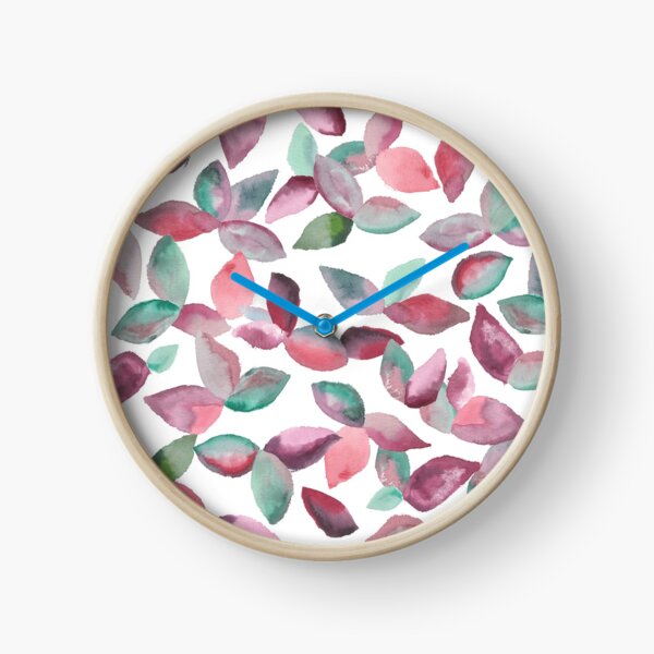 Watercolor Leaves Hand-Painted Red Green Botanical Pattern Clock