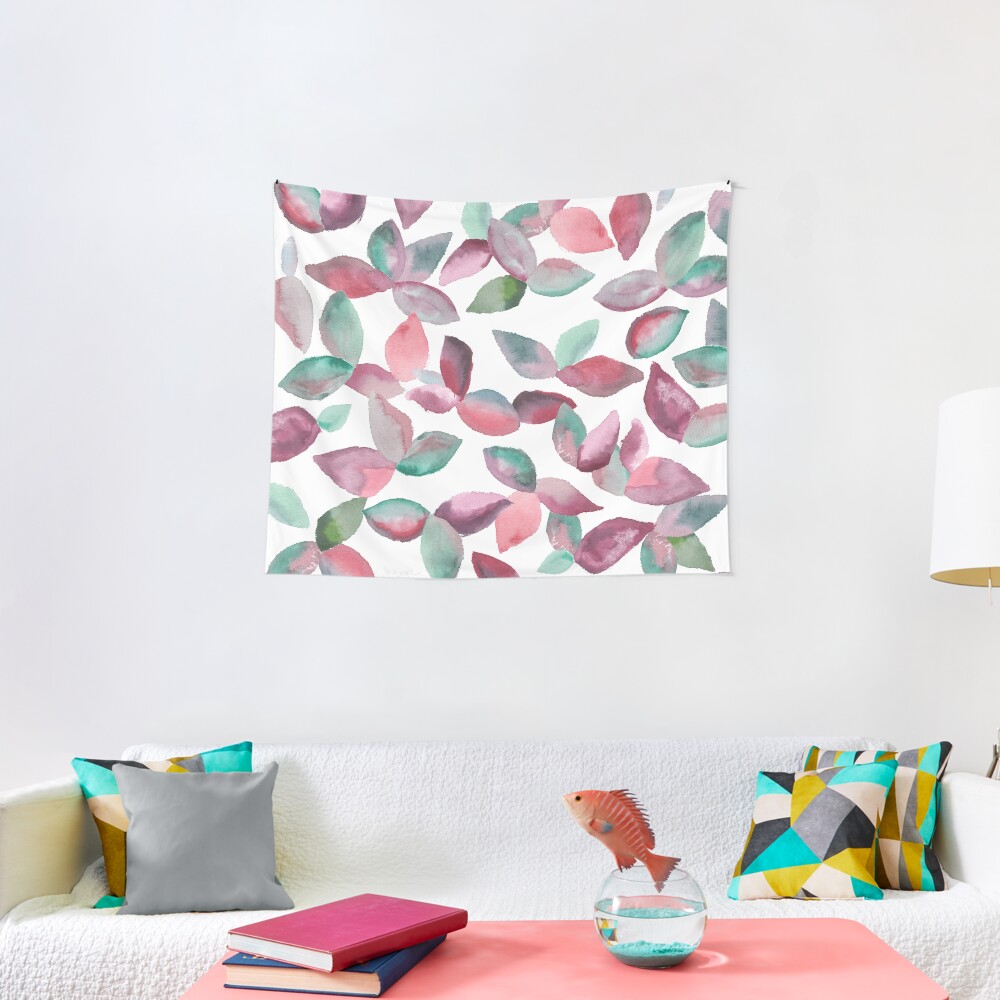 Watercolor Leaves Hand-Painted Red Green Botanical Pattern Tapestry