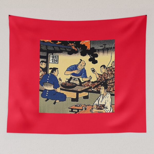 Item preview, Samurai in a BBQ checking baseball results designed and sold by inkMortar.