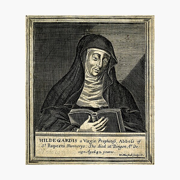 Vista previa del artículo con la obra «Grabado de retrato de Santa Hildegarda de Bingen», diseñado y vendido por softbluehum.