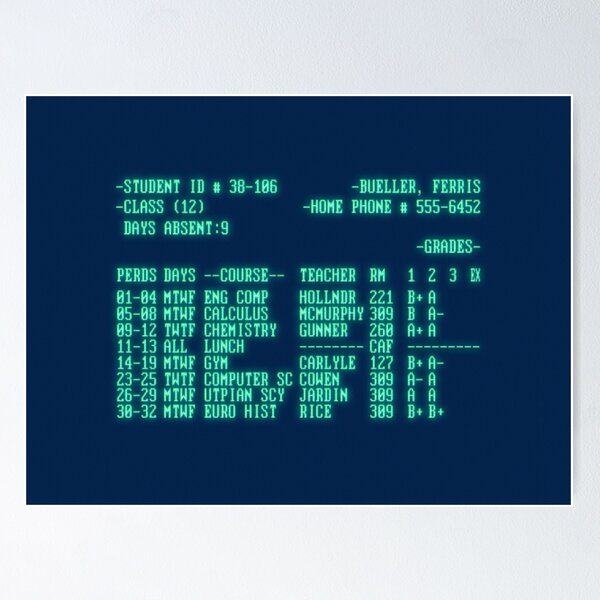 Artikel-Vorschau von Ferris Bueller School Record, designt und verkauft von SoulGlowDesigns.